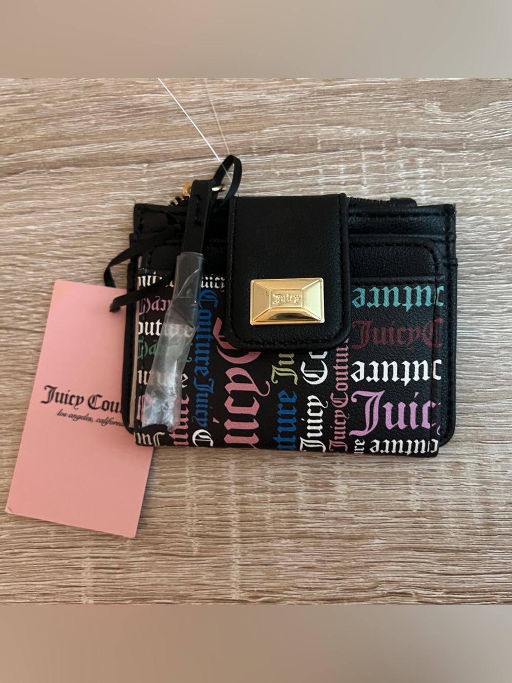 NWT Juicy Couture Block Party Tab Card Case  Black Multi Logo Wallet - New